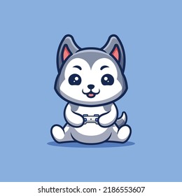 Husky Sitting Gaming Cute Creative Kawaii Cartoon Mascot Logo