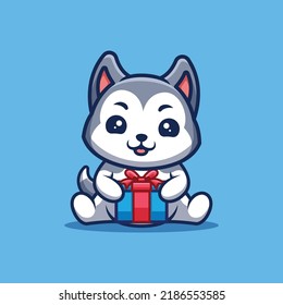 Husky Sitting Gift Box Cute Creative Kawaii Cartoon Mascot Logo