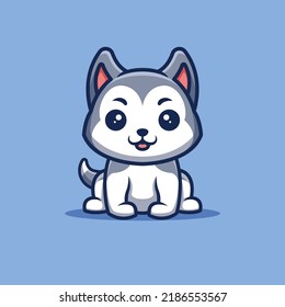 Husky Sitting Happy Cute Creative Kawaii Cartoon Mascot Logo