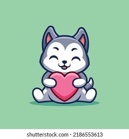 Husky Sitting Love Cute Creative Kawaii Cartoon Mascot Logo