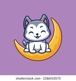 Husky Sitting On Moon Cute Creative Kawaii Cartoon Mascot Logo