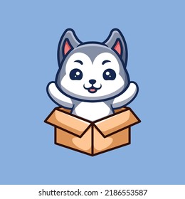 Husky Sitting Out From Box Cute Creative Kawaii Cartoon Mascot Logo