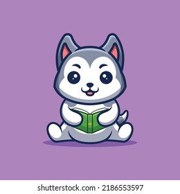 Husky Sitting Reading Book Cute Creative Kawaii Cartoon Mascot Logo