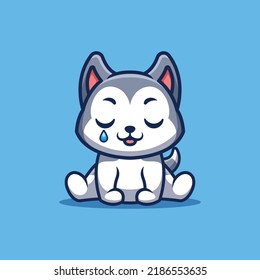 Husky Sitting Sad Cute Creative Kawaii Cartoon Mascot Logo