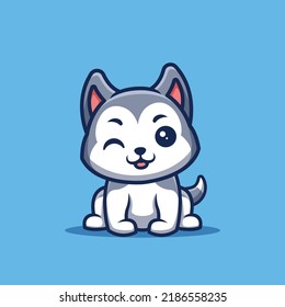 Husky Sitting Winking Cute Creative Kawaii Cartoon Mascot Logo