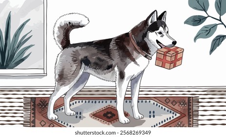 husky (sled dog) with giftbox watercolor vector illustration