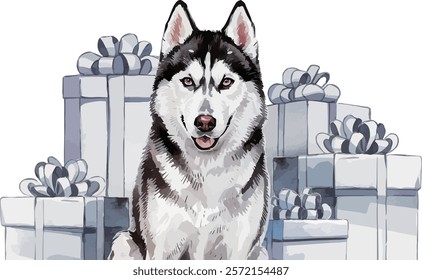 husky (sled dog) with giftbox watercolor vector illustration