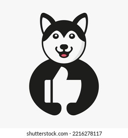 Husky Thumbs Up Logo Negative Space Concept Vector Template. Husky Holding Like Symbol