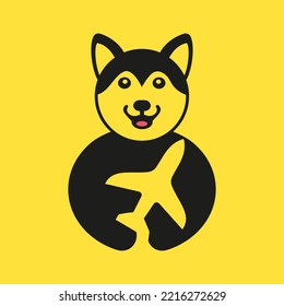 Husky Travel Logo Negative Space Concept Vector Template. Husky Holding Airplane Symbol