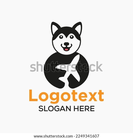 Husky Travel Logo Negative Space Concept Vector Template. Husky Holding Airplane Symbol