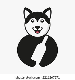 Husky Wine Bottle Logo Negative Space Concept Vector Template. Husky Holding Wine Bottle Symbol