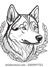 Husky wolf coloring page for adults, photo realistic, clean line art , mandala, high detailed, mandala, white, black, coloring book, sketchbook, realistic sketch, free lines, on paper illustration. svg