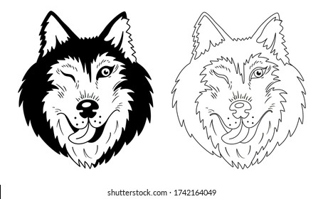 Husky or Wolf portrait in black and white. Colored page background. Editable stroke