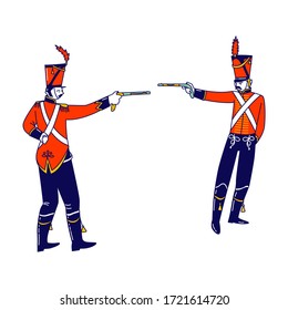 Hussar Characters Dueling with Guns Isolated on White Background. Russian Ancient Solders, Cavalrymen Aiming Pistols on Each Other during Duel, Russian Tradition. Linear People Vector Illustration