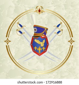 Hussar headgear, shield and weapon in a circular frame. Illustration on an abstract background.