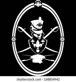 Hussar headgear, shield and weapon in the oval frame. The illustration on a black background.
