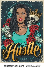 Hustle brunet woman flyer colorful with dead man head in crown and money with precious stones grunge style vector illustration
