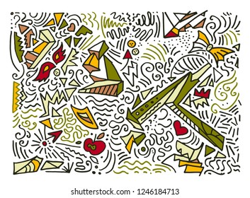Hustle and bustle doodle background. Hand drawn vector composition. Great for teens design