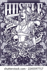 Hustle cocky girl monochrome poster two revolvers and skulls behind cool tattooed woman from urban community vector illustration