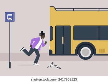 In the hustle of daily life, a young individual sprints to catch a bus that has just departed from the stop, capturing the essence of the stressful and dynamic nature of daily commuting
