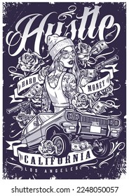 Hustle girl driver poster monochrome fast car with high wheels and revolvers near money earned by sassy woman vector illustration