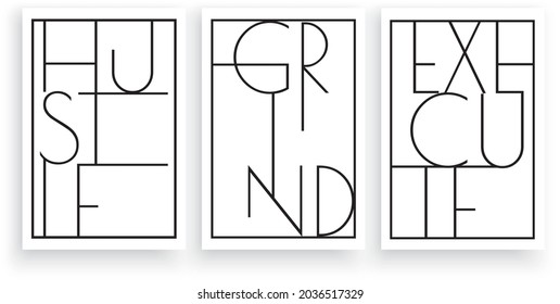 Hustle, grind, execute, vector. Minimalist poster design in three pieces. Scandinavian wall art in frame. Wording design, lettering. Black and white poster set