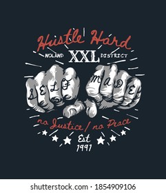 hustle hard slogan with graphic fists tattooed on black background