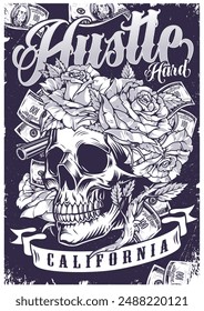 Hustle hard vintage sticker monochrome with skull with roses instead of headdress and revolver near money vector illustration