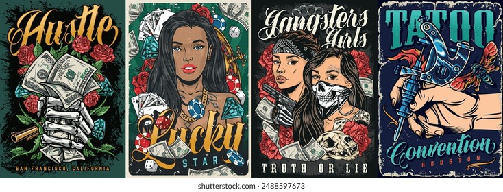 Hustle life set posters colorful dirty money and lucky star from casino near gangster girls or tattoo machine vector illustration