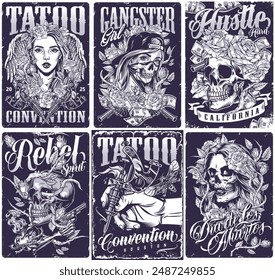 Hustle spirit set flyers monochrome with tattoo convention and dia de las muertos magazine advertisement vector illustration