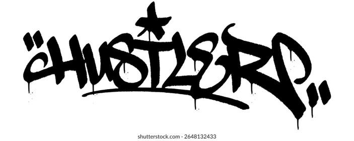 Marca de grafite preto Hustler com tinta spray em negrito e gotas. Fundo transparente. Ótimo para agressivos, temas de design masculino inteligente de rua.