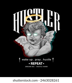 hustler slogan with black and white angel statue grapphic hand drawn vector illustration