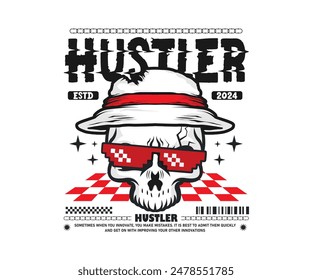 hustler slogan with skull wearing glasses in vintage style. vector illustration graphic design for t shirt, streetwear, apparel design, and urban style