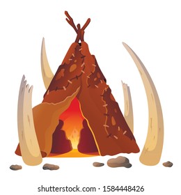 Hut of ancient people flat vector illustration. Prehistoric dwelling place, primitive architecture. Wigwam made of animal skins surrounded with mammoth tusks isolated on white background