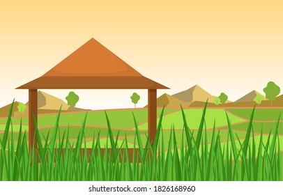 Hut in Asian Rice Field Green Paddy Plantation Agriculture Illustration