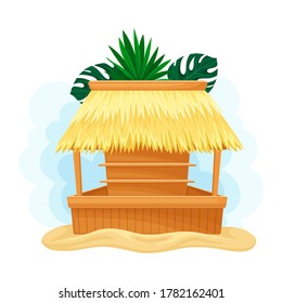 Hut or Bar with Thatched or Straw Roof and Palm Leaves Vector Illustration