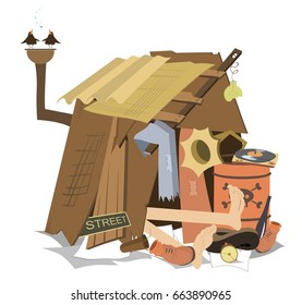 Hut of the beggar isolated. Beggar has a rest lying in his hut and listening music on the vintage record player and birds
