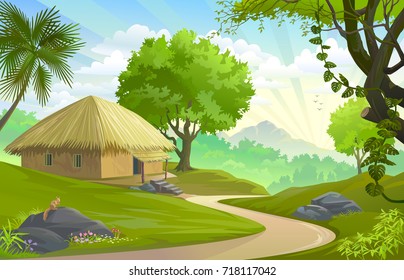 A hut by the road in the middle of a forest