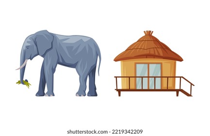 Hut or Cabin with Straw Roof and Huge Elephant Animal as Bali Traditional Cultural Attribute Vector Set