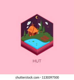 Hut Camping Isometric View Beautiful Nature Landscape Vector Illustration