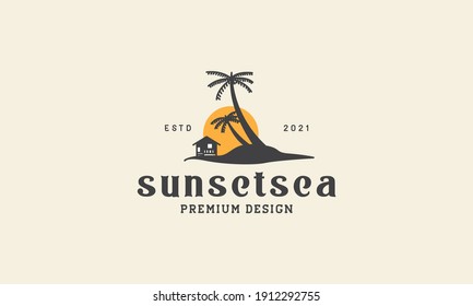 hut with coconut tree sunset logo vector icon symbol design graphic illustration