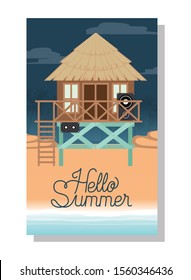Hut design, Hello summer vacation beach tropical relaxation outdoor nature tourism island and season theme Vector illustration