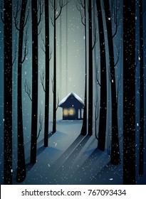 hut in the forest, lonely house in the winter forest, fairy home, 