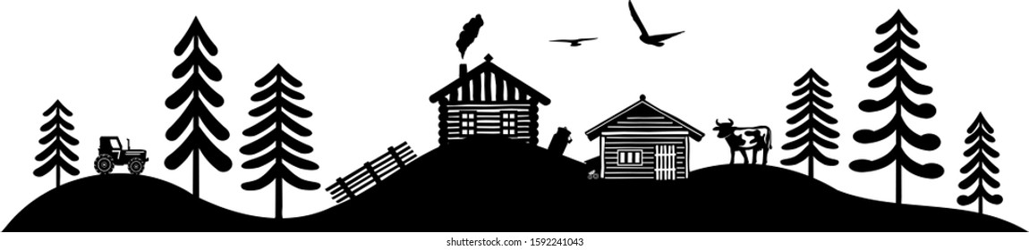 Hut in Forest and Mountains