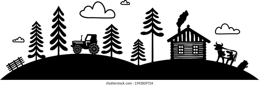 Hut in Forest and Mountains