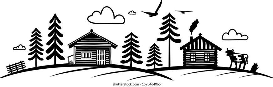Hut in Forest and Mountains