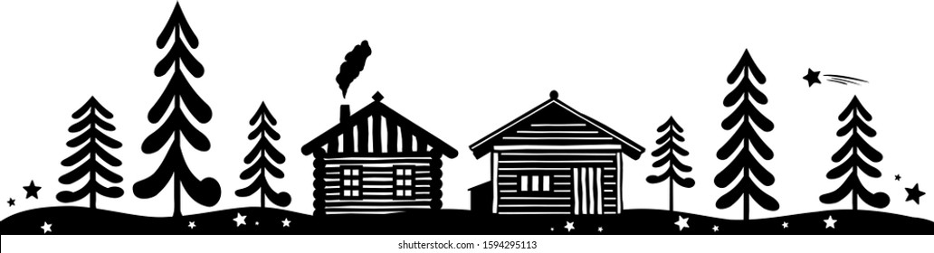 Hut in Forest and Mountains