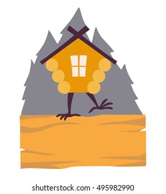 Hut in forest vector logo. Cartoon old house on chicken legs with window, baba yaga home. Fairy magic village is on the board. Symbol of fairytale forest, isolated on white background illustration