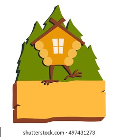 Hut in forest vector logo. Cartoon old house on chicken legs with window, baba yaga home. Fairy magic village is on the board. Symbol of fairytale forest, isolated on white background illustration