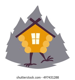 Hut in forest vector logo. Cartoon old house on chicken legs with window, baba yaga home. Fairy magic village on fairytale forest. Isolated on white background illustration